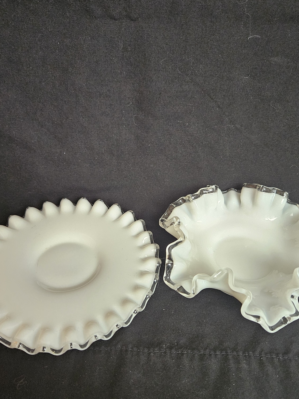 Vintage Fenton Silver Crest Milk Glass Ruffle Edge Bowl~6"~ And Saucer~6 1/4"